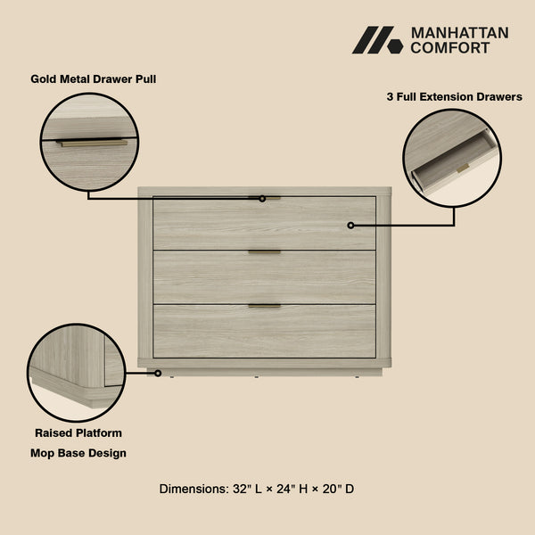 Manhattan Comfort Evelyn Nightstand Set Of 2 - Elegant Design With Full Extension Drawers And Subtle Gold Hardware Natural Mdf 2-ns014-na