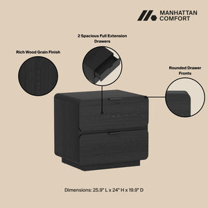 Manhattan Comfort Chrystie Contemporary Modern Nightstand Set Of 2 - Elegant Design With Spacious Drawers For Your Bedroom Black Mdp 2-ns016-bk