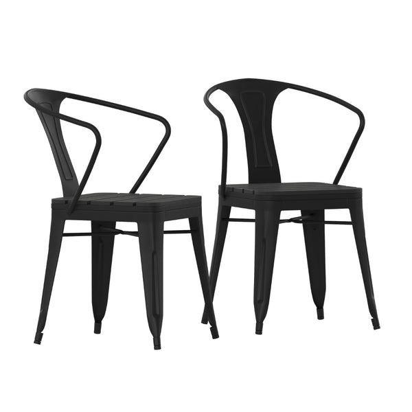 English Elm Helvey Commercial Black Stacking Arm Chairs Set of 2 - Durable, Weather-Resistant, Modern Design 2-SB-T11C-BK-GG