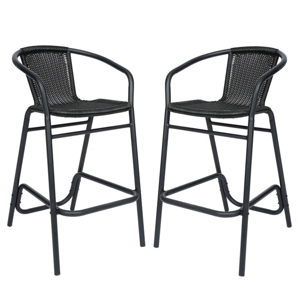 English Elm Lila Set of 2 Commercial-Grade Indoor-Outdoor Rattan Barstools with Durable Aluminum Frame Design Black 2-SDA-AD632032R-BK-GG