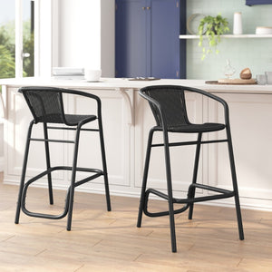 English Elm Lila Set of 2 Commercial-Grade Indoor-Outdoor Rattan Barstools with Durable Aluminum Frame Design Black 2-SDA-AD632032R-BK-GG