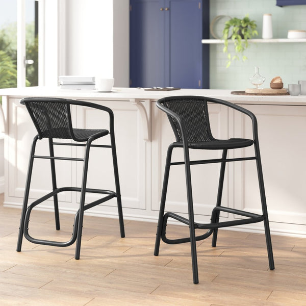 English Elm Lila Set of 2 Commercial-Grade Indoor-Outdoor Rattan Barstools with Durable Aluminum Frame Design Black 2-SDA-AD632032R-BK-GG