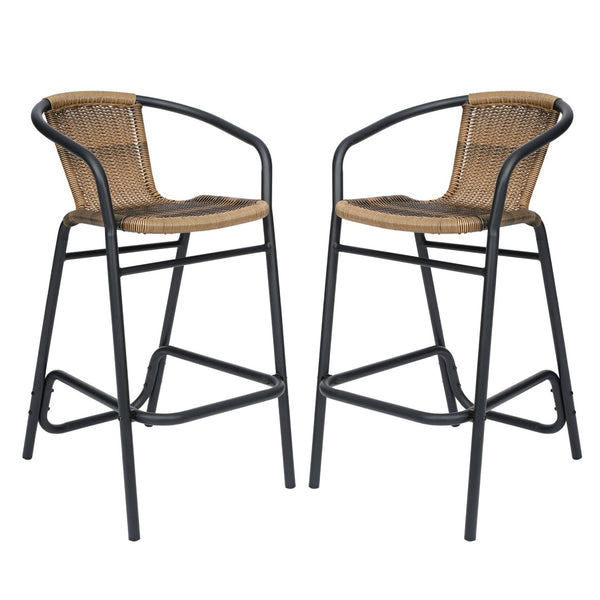 English Elm Lila Set of 2 Commercial-Grade Indoor-Outdoor Rattan Barstools with Durable Aluminum Frame Design Medium Brown 2-SDA-AD632032R-DK-BN-GG
