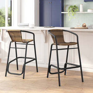 English Elm Lila Set of 2 Commercial-Grade Indoor-Outdoor Rattan Barstools with Durable Aluminum Frame Design Medium Brown 2-SDA-AD632032R-DK-BN-GG