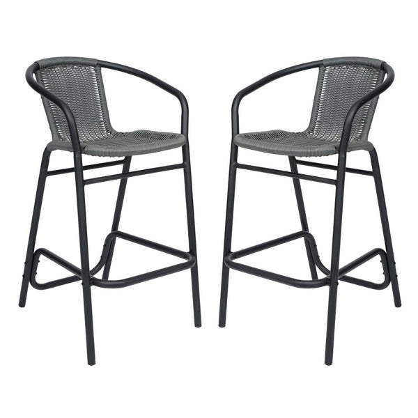 English Elm Lila Set of 2 Commercial-Grade Indoor-Outdoor Rattan Barstools with Durable Aluminum Frame Design Gray 2-SDA-AD632032R-GY-GG