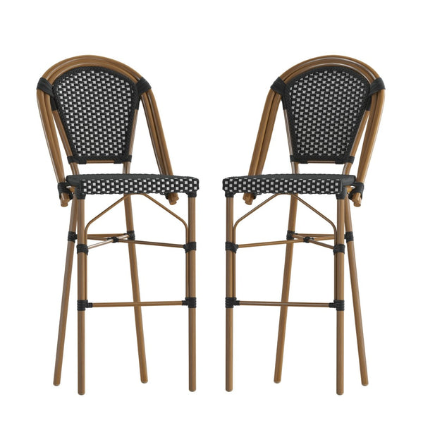 English Elm Bordeaux Set of 2 Stackable Bistro Barstools for Indoor/Outdoor Use, Commercial-Grade Durability Black & White/Natural Frame 2-SDA-AD642001-BS-BKWH-NAT-GG