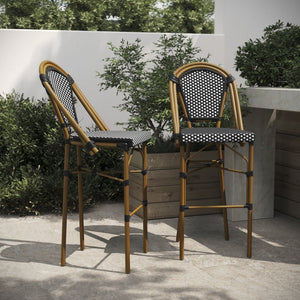 English Elm Bordeaux Set of 2 Stackable Bistro Barstools for Indoor/Outdoor Use, Commercial-Grade Durability Black & White/Natural Frame 2-SDA-AD642001-BS-BKWH-NAT-GG