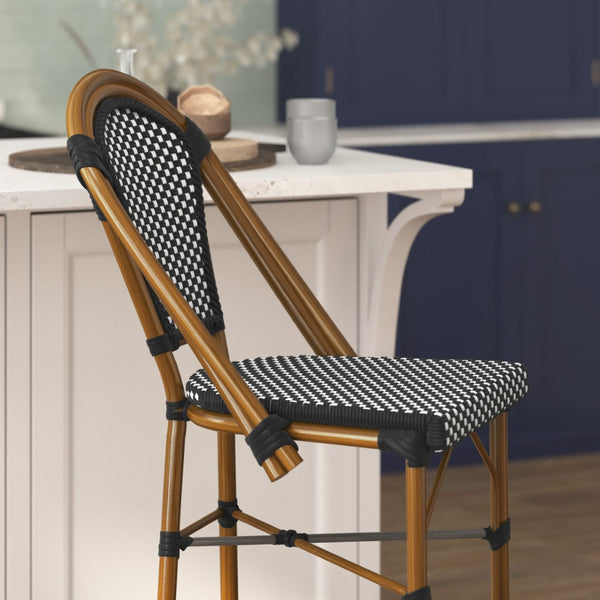 English Elm Bordeaux Set of 2 Stackable Bistro Barstools for Indoor/Outdoor Use, Commercial-Grade Durability Black & White/Natural Frame 2-SDA-AD642001-BS-BKWH-NAT-GG