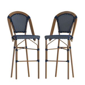 English Elm Bordeaux Set of 2 Stackable Bistro Barstools for Indoor/Outdoor Use, Commercial-Grade Durability Navy & White/Natural Frame 2-SDA-AD642001-BS-NVYWH-NAT-GG