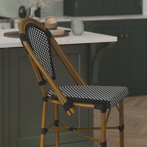 English Elm Bordeaux Set of 2 Stackable Bistro Stools - Commercial Grade, Stylish Indoor/Outdoor Seating Solution Black & White/Natural Frame 2-SDA-AD642001-CS-BKWH-NAT-GG