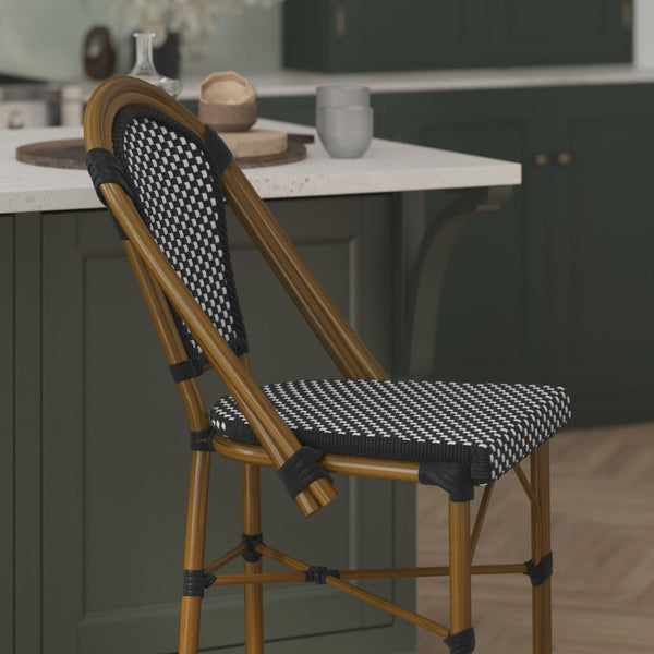 English Elm Bordeaux Set of 2 Stackable Bistro Stools - Commercial Grade, Stylish Indoor/Outdoor Seating Solution Black & White/Natural Frame 2-SDA-AD642001-CS-BKWH-NAT-GG