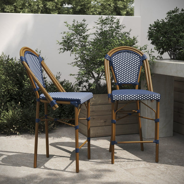 English Elm Bordeaux Set of 2 Stackable Bistro Stools - Commercial Grade, Stylish Indoor/Outdoor Seating Solution Navy & White/Natural Frame 2-SDA-AD642001-CS-NVYWH-NAT-GG