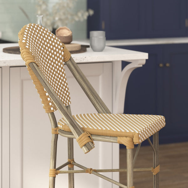 English Elm Lourdes Set of 2 Stackable Bistro Bar Stools for Indoor/Outdoor Use, Commercial Grade, Comfortable Design Natural & White/Light Natural Frame 2-SDA-AD642001-F-BS-NATWH-LTNAT-GG