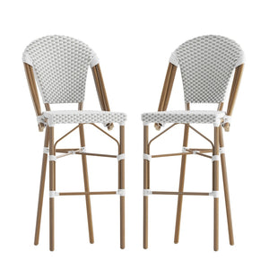 English Elm Lourdes Set of 2 Stackable Bistro Bar Stools for Indoor/Outdoor Use, Commercial Grade, Comfortable Design White & Gray/Natural Frame 2-SDA-AD642001-F-BS-WHGY-NAT-GG