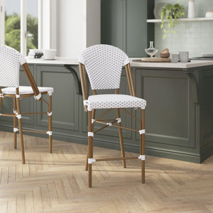 English Elm Lourdes Set of 2 Stackable Bistro Counter Stools for Indoor/Outdoor Use, Commercial Grade Comfort White & Gray/Natural Frame 2-SDA-AD642001-F-CS-WHGY-NAT-GG