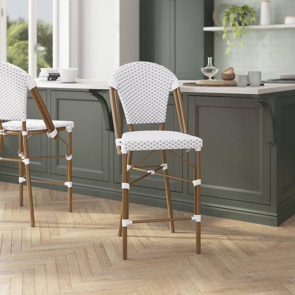 English Elm Lourdes Set of 2 Stackable Bistro Counter Stools for Indoor/Outdoor Use, Commercial Grade Comfort White & Gray/Natural Frame 2-SDA-AD642001-F-CS-WHGY-NAT-GG