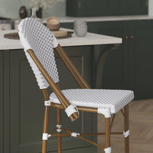 English Elm Lourdes Set of 2 Stackable Bistro Counter Stools for Indoor/Outdoor Use, Commercial Grade Comfort White & Gray/Natural Frame 2-SDA-AD642001-F-CS-WHGY-NAT-GG