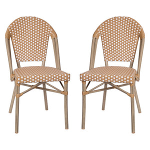 English Elm Lourdes Set of 2 Stackable Bistro Chairs for Indoor/Outdoor Use, Durable Aluminum Frame & Rattan Seat Natural & White/Light Natural Frame 2-SDA-AD642001-F-NATWH-LTNAT-GG