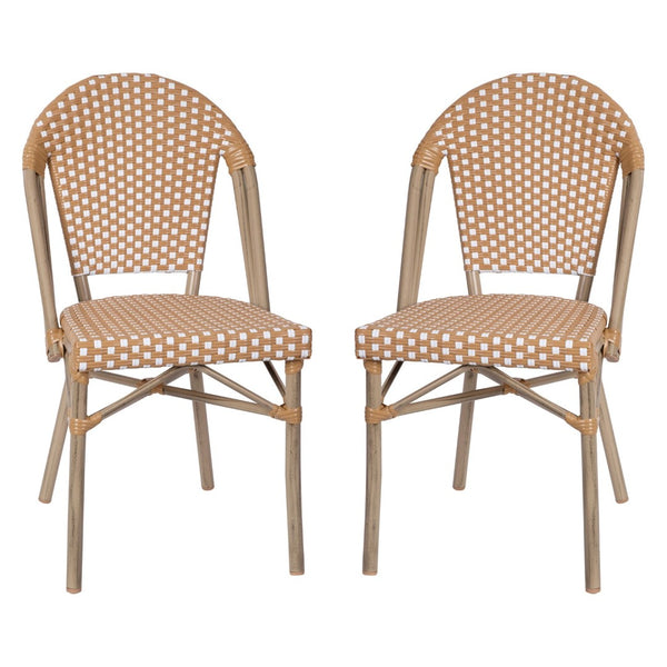 English Elm Lourdes Set of 2 Stackable Bistro Chairs for Indoor/Outdoor Use, Durable Aluminum Frame & Rattan Seat Natural & White/Light Natural Frame 2-SDA-AD642001-F-NATWH-LTNAT-GG