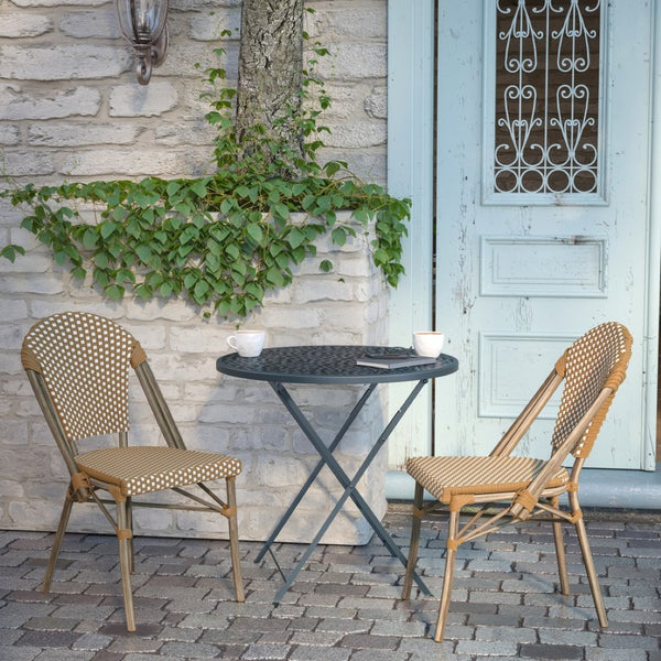 English Elm Lourdes Set of 2 Stackable Bistro Chairs for Indoor/Outdoor Use, Durable Aluminum Frame & Rattan Seat Natural & White/Light Natural Frame 2-SDA-AD642001-F-NATWH-LTNAT-GG
