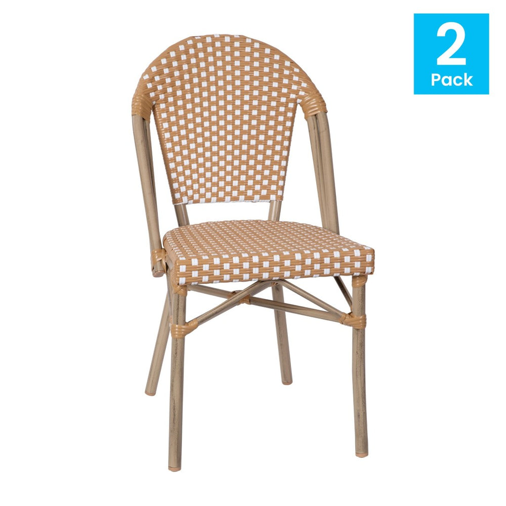 English Elm Lourdes Set of 2 Stackable Bistro Chairs for Indoor/Outdoor Use, Durable Aluminum Frame & Rattan Seat Natural & White/Light Natural Frame 2-SDA-AD642001-F-NATWH-LTNAT-GG