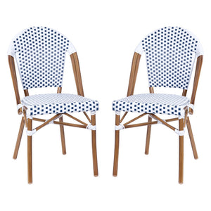 English Elm Lourdes Set of 2 Stackable Bistro Chairs for Indoor/Outdoor Use, Durable Aluminum Frame & Rattan Seat White & Gray/Natural Frame 2-SDA-AD642001-F-WHGY-NAT-GG