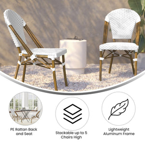 English Elm Lourdes Set of 2 Stackable Bistro Chairs for Indoor/Outdoor Use, Durable Aluminum Frame & Rattan Seat White & Gray/Natural Frame 2-SDA-AD642001-F-WHGY-NAT-GG