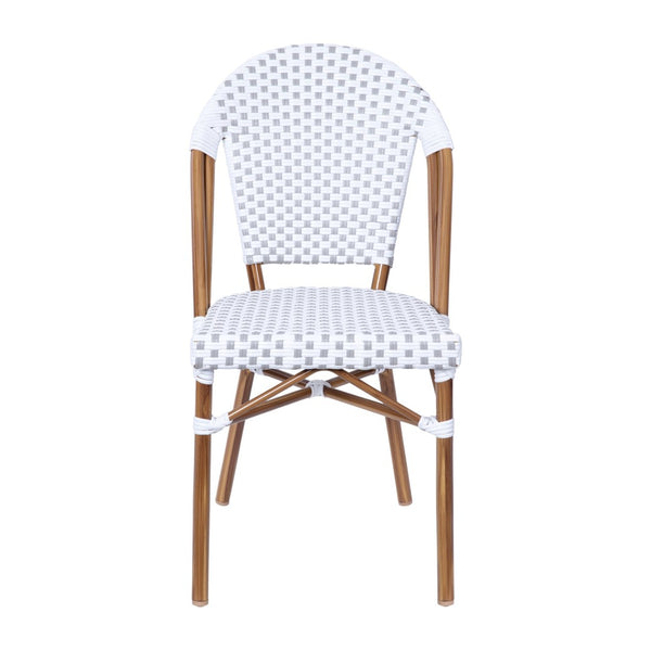 English Elm Lourdes Set of 2 Stackable Bistro Chairs for Indoor/Outdoor Use, Durable Aluminum Frame & Rattan Seat White & Gray/Natural Frame 2-SDA-AD642001-F-WHGY-NAT-GG