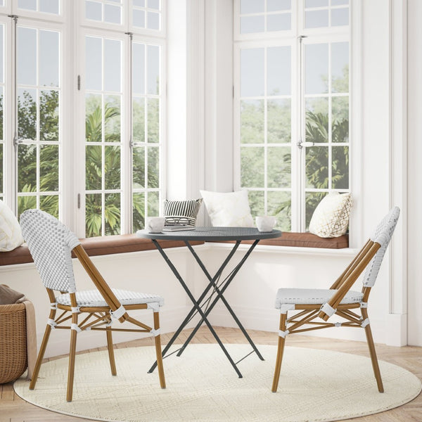 English Elm Lourdes Set of 2 Stackable Bistro Chairs for Indoor/Outdoor Use, Durable Aluminum Frame & Rattan Seat White & Gray/Natural Frame 2-SDA-AD642001-F-WHGY-NAT-GG