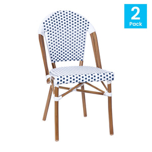 English Elm Lourdes Set of 2 Stackable Bistro Chairs for Indoor/Outdoor Use, Durable Aluminum Frame & Rattan Seat White & Gray/Natural Frame 2-SDA-AD642001-F-WHGY-NAT-GG