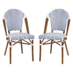 English Elm Lourdes Set of 2 Stackable Bistro Chairs for Indoor/Outdoor Use, Durable Aluminum Frame & Rattan Seat White & Navy/Natural Frame 2-SDA-AD642001-F-WHNVY-NAT-GG