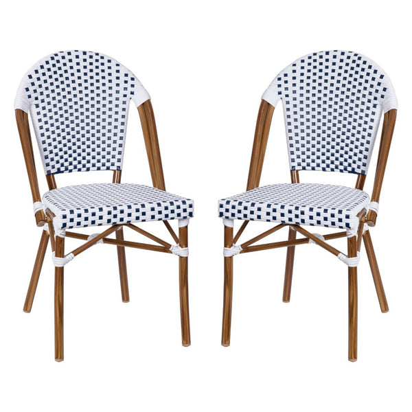 English Elm Lourdes Set of 2 Stackable Bistro Chairs for Indoor/Outdoor Use, Durable Aluminum Frame & Rattan Seat White & Navy/Natural Frame 2-SDA-AD642001-F-WHNVY-NAT-GG