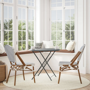 English Elm Lourdes Set of 2 Stackable Bistro Chairs for Indoor/Outdoor Use, Durable Aluminum Frame & Rattan Seat White & Navy/Natural Frame 2-SDA-AD642001-F-WHNVY-NAT-GG