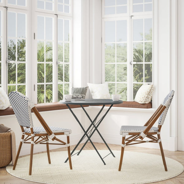 English Elm Lourdes Set of 2 Stackable Bistro Chairs for Indoor/Outdoor Use, Durable Aluminum Frame & Rattan Seat White & Navy/Natural Frame 2-SDA-AD642001-F-WHNVY-NAT-GG