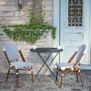 English Elm Lourdes Set of 2 Stackable Bistro Chairs for Indoor/Outdoor Use, Durable Aluminum Frame & Rattan Seat White & Navy/Natural Frame 2-SDA-AD642001-F-WHNVY-NAT-GG