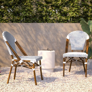 English Elm Lourdes Set of 2 Stackable Bistro Chairs for Indoor/Outdoor Use, Durable Aluminum Frame & Rattan Seat White & Navy/Natural Frame 2-SDA-AD642001-F-WHNVY-NAT-GG