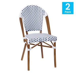 English Elm Lourdes Set of 2 Stackable Bistro Chairs for Indoor/Outdoor Use, Durable Aluminum Frame & Rattan Seat White & Navy/Natural Frame 2-SDA-AD642001-F-WHNVY-NAT-GG