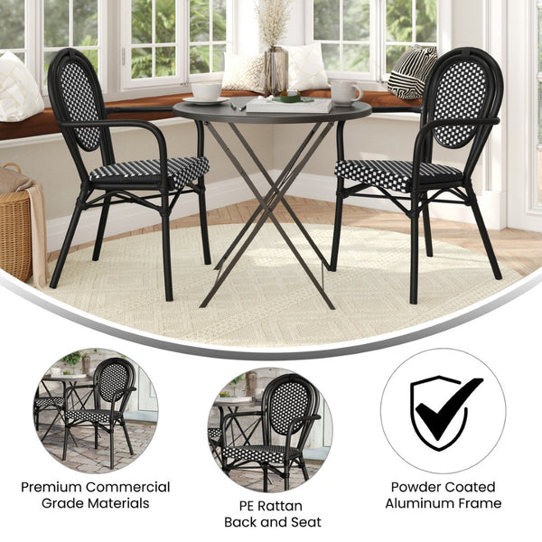 English Elm 2 Pack Lourdes Indoor/Outdoor Bistro Stacking Chairs - Durable, Stylish, and Easy to Maintain Black & White/Black Frame 2-SDA-AD642002A-BKWH-BK-GG