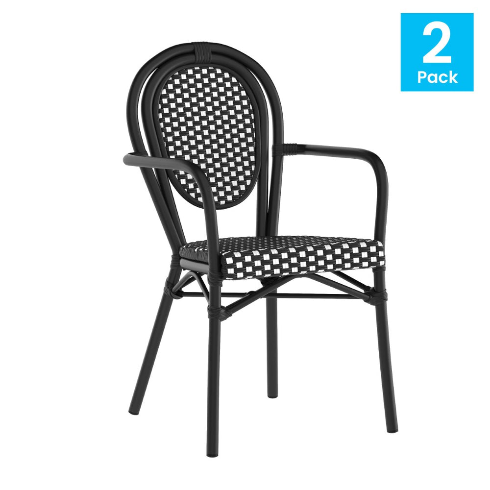 English Elm 2 Pack Lourdes Indoor/Outdoor Bistro Stacking Chairs - Durable, Stylish, and Easy to Maintain Black & White/Black Frame 2-SDA-AD642002A-BKWH-BK-GG