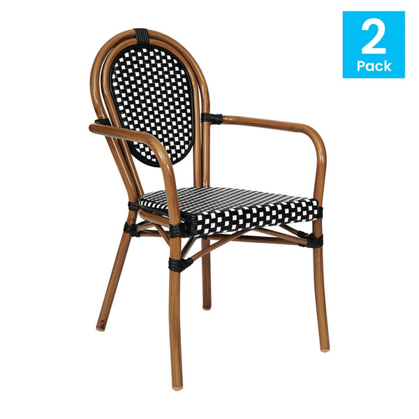 English Elm 2 Pack Lourdes Indoor/Outdoor Bistro Stacking Chairs - Durable, Stylish, and Easy to Maintain Black & White/Natural Frame 2-SDA-AD642002A-BKWH-NAT-GG