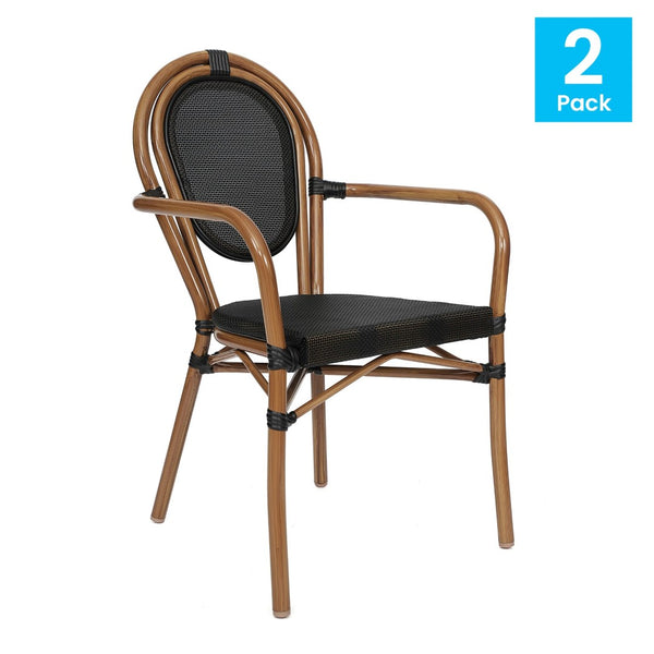 English Elm 2 Pack Marseille Bistro Chairs – Stylish Indoor/Outdoor Stacking Seating with Comfortable Arms Black/Natural Frame 2-SDA-AD642002A-TXT-BK-NAT-GG