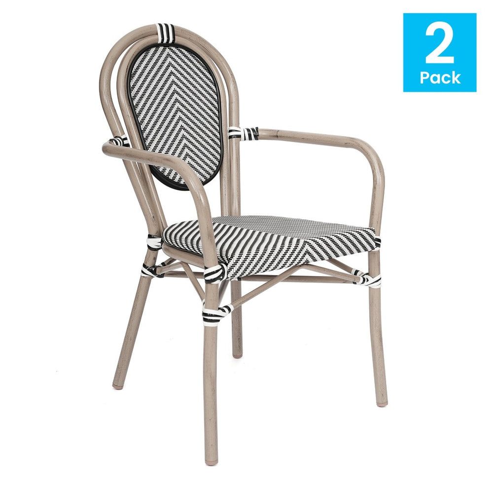English Elm 2 Pack Marseille Bistro Chairs – Stylish Indoor/Outdoor Stacking Seating with Comfortable Arms Black & White/Light Natural Frame 2-SDA-AD642002A-TXT-BLKWH-LTNAT-GG