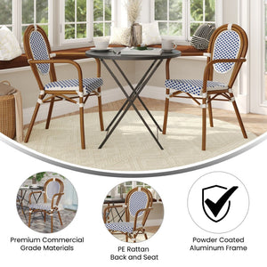 English Elm 2 Pack Lourdes Indoor/Outdoor Bistro Stacking Chairs - Durable, Stylish, and Easy to Maintain White & Navy/Natural Frame 2-SDA-AD642002A-WHNVY-NAT-GG