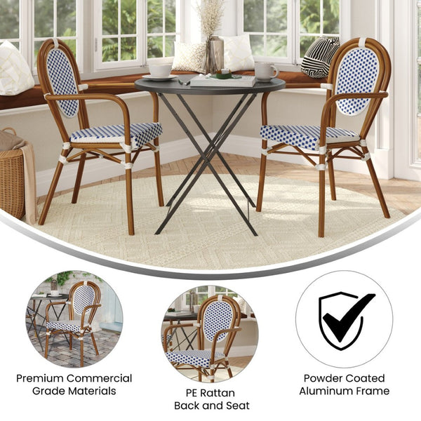 English Elm 2 Pack Lourdes Indoor/Outdoor Bistro Stacking Chairs - Durable, Stylish, and Easy to Maintain White & Navy/Natural Frame 2-SDA-AD642002A-WHNVY-NAT-GG