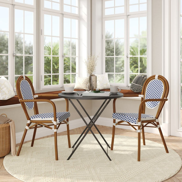 English Elm 2 Pack Lourdes Indoor/Outdoor Bistro Stacking Chairs - Durable, Stylish, and Easy to Maintain White & Navy/Natural Frame 2-SDA-AD642002A-WHNVY-NAT-GG