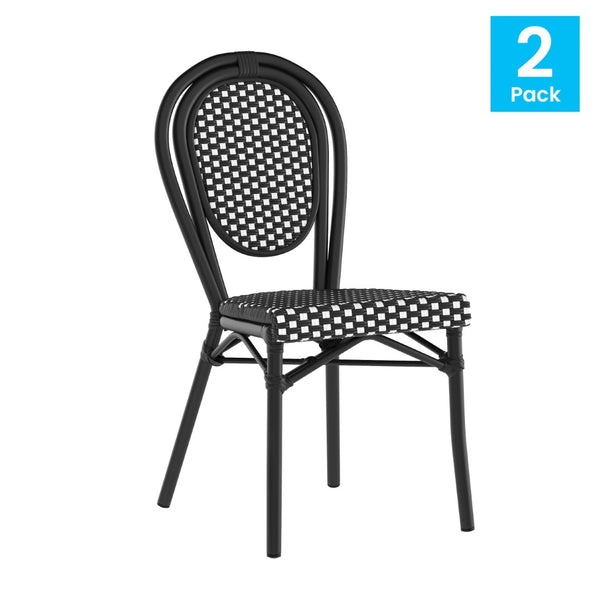 English Elm 2 Pack Lourdes Indoor/Outdoor Bistro Chairs - Stylish, Durable, and Perfect for Any Setting! Black & White/Black Frame 2-SDA-AD642002S-BKWH-BK-GG