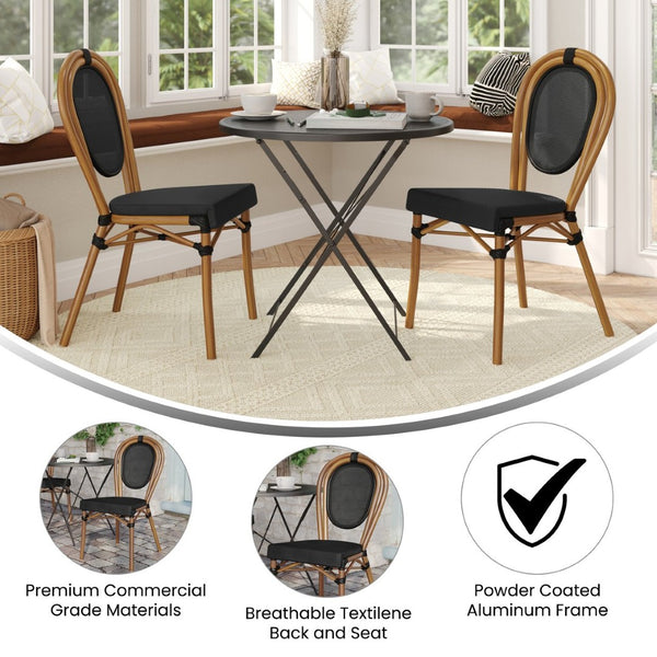 English Elm 2 Pack Marseille Bistro Chairs – Commercial-Grade Stacking Design for Indoor/Outdoor Dining Spaces Black/Natural Frame 2-SDA-AD642002S-TXT-BK-NAT-GG