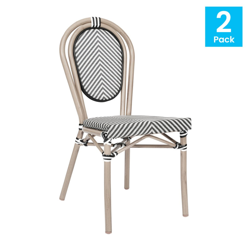 English Elm 2 Pack Marseille Bistro Chairs – Commercial-Grade Stacking Design for Indoor/Outdoor Dining Spaces Black & White/Light Natural Frame 2-SDA-AD642002S-TXT-BLKWH-LTNAT-GG
