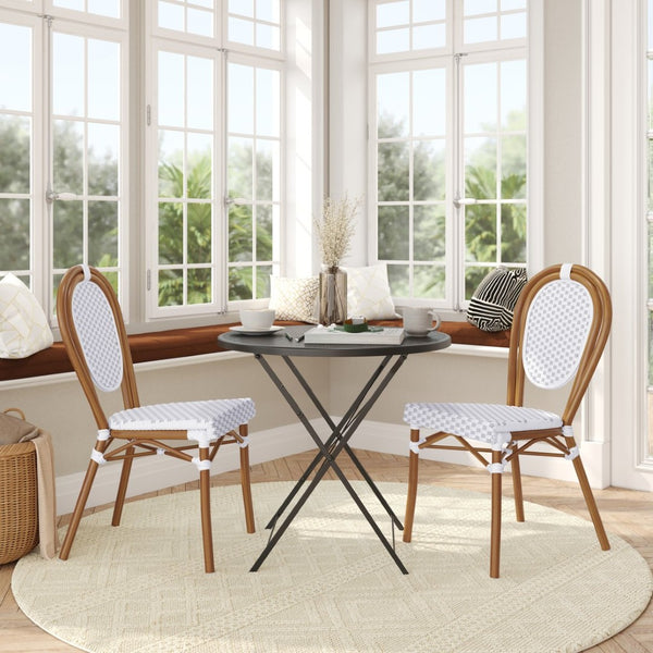 English Elm 2 Pack Lourdes Indoor/Outdoor Bistro Chairs - Stylish, Durable, and Perfect for Any Setting! White & Gray/Natural Frame 2-SDA-AD642002S-WHGY-NAT-GG