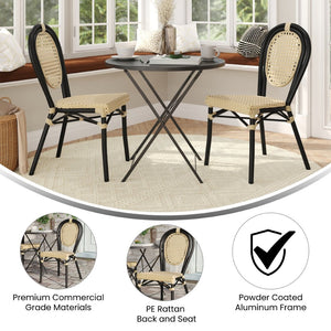 English Elm 2 Pack Cannes Bistro Stacking Chairs – Elegant Indoor/Outdoor Seating for Cafés, Hotels, and Patios Natural/Black Frame 2-SDA-AD642110-1-NAT-BK-GG